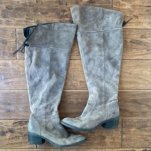 Born Gallinara Boots Women 9 Gray Brown Suede Over the Knee Tall Riding Lace Up